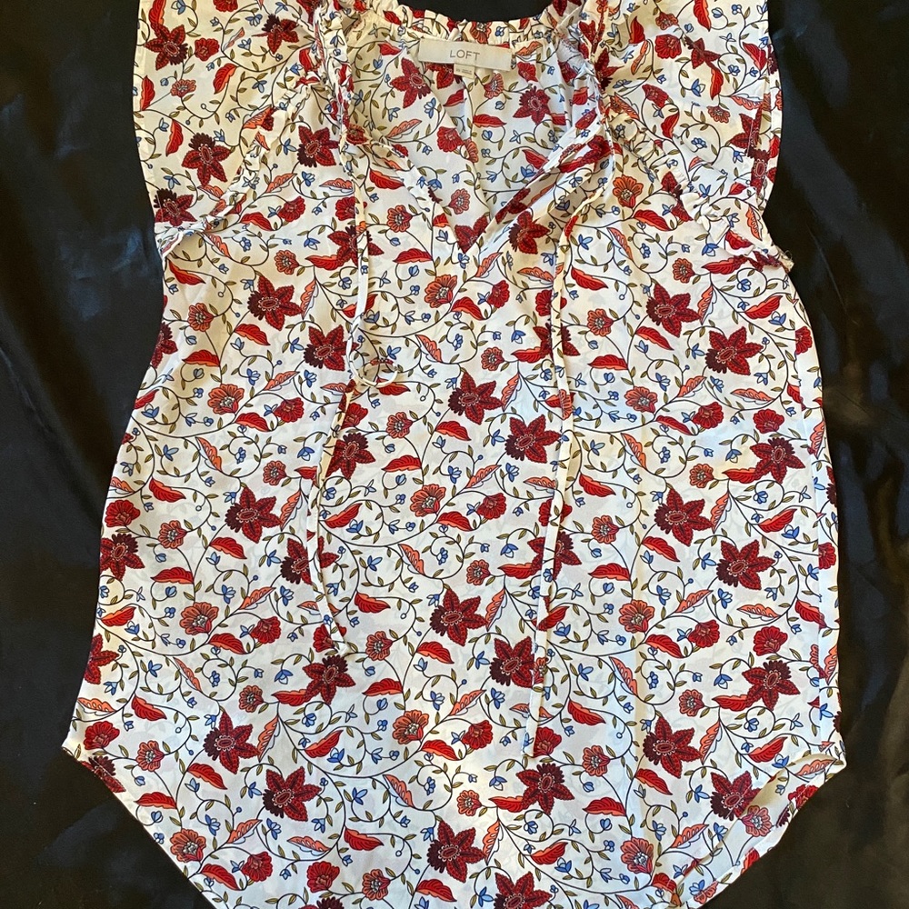Loft petite silky smocked ruffle tie neck shell